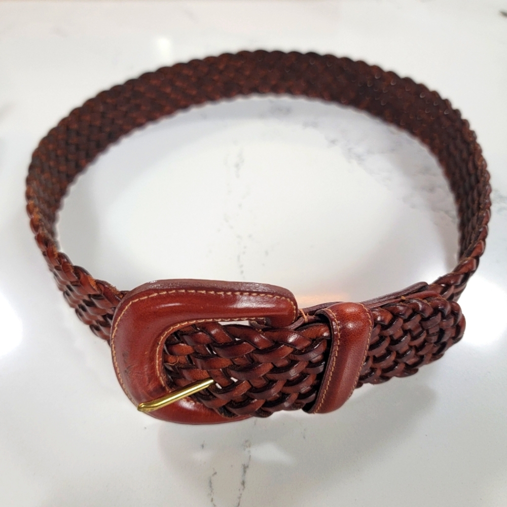 Coach Brown Braided Leather Belt with Curved Buckle